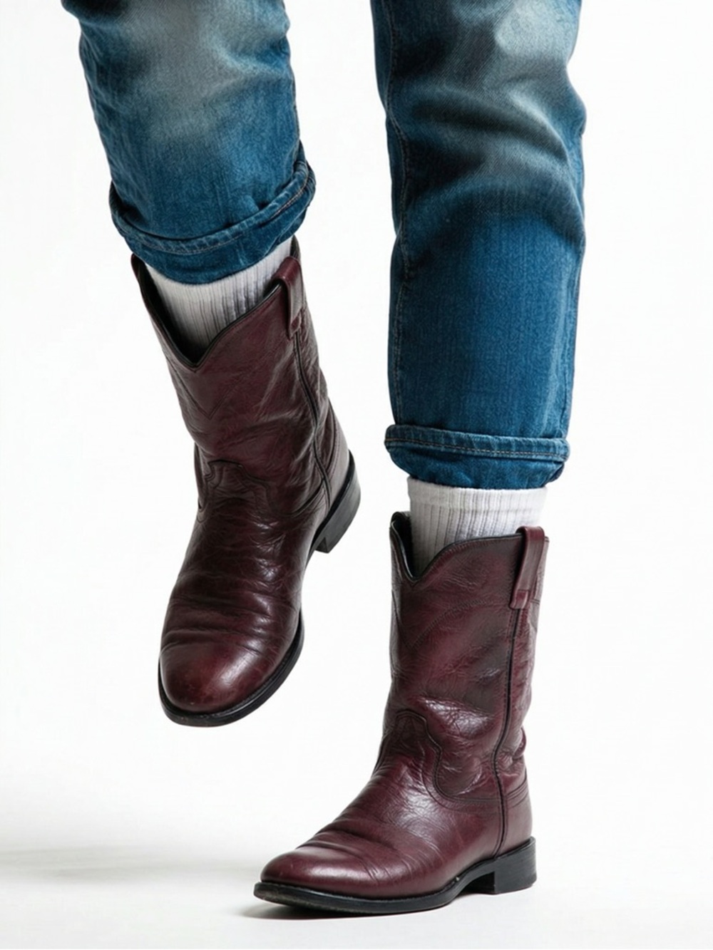 Vintage Old West Western Burgundy Leather Cowboy Boots Mens Size 8.5D